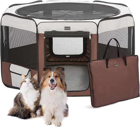 DONORO Dog Playpen Portable Pet Play Pens for Small Dog/Cat/Rabbit/Chicks, Cat Playpen Indoor/Outdoor with Carring Case, Removable Zipper Top and Bottom (Brown, Medium (35"x35"x20"), 8)-PurrikoPets