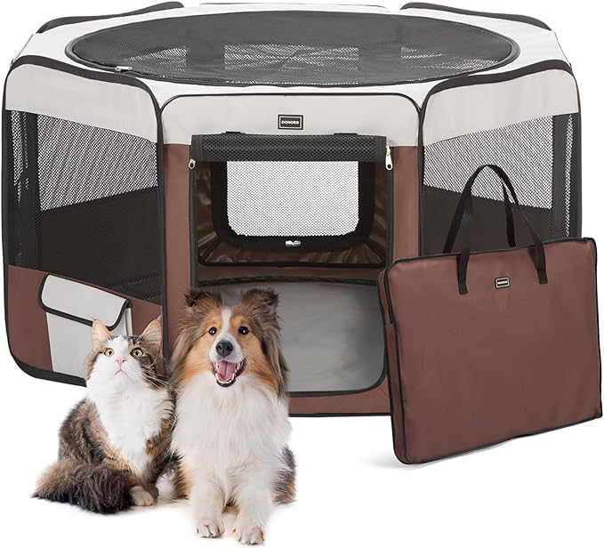 DONORO Dog Playpen Portable Pet Play Pens for Small Dog/Cat/Rabbit/Chicks, Cat Playpen Indoor/Outdoor with Carring Case, Removable Zipper Top and Bottom (Brown, Small (28"x28"x14"), 8)-PurrikoPets