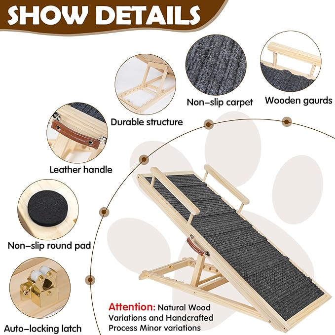 Dog Ramp for Couch, Bed or Car, Wooden 44" Long Pet Stairs for Small & Large Old Dogs & Cats, Hold up to 200lb, 5 Adjustable Height from 14.96" to 22", Portable Doggie Steps, Excellent Traction-PurrikoPets