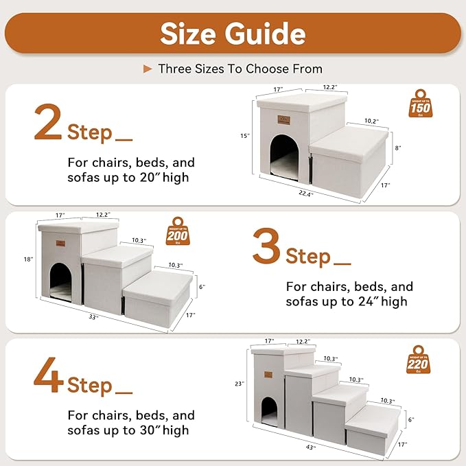 Dog Stairs with Condo 15" H, 2-Step Wider Dog Steps for Small/Medium/Large Old Dogs Cats, Folding Sturdy Storage Pet Stairs Climbing Bed Couch, Ramp for Car Hold Up to 150 lbs, Beige-PurrikoPets
