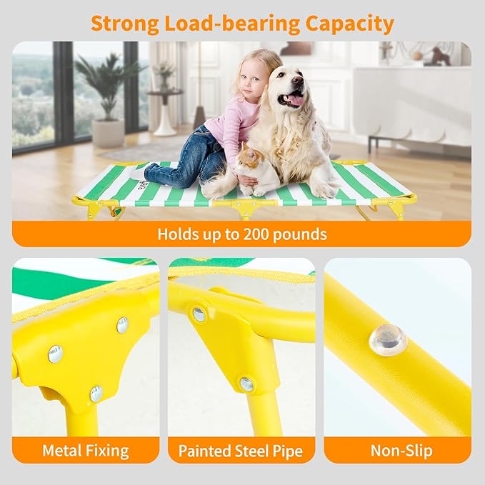 Dog Elevated Bed Foldable Portable Raised Bed Camping cot Outdoor Summer Dog Bed (Medium, GreenStripes-Oxford Fabric)-PurrikoPets