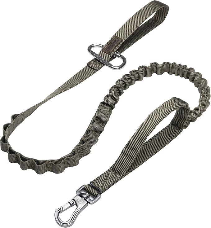 Excellent Elite Spanker Tactical Bungee Dog Leash Military Adjustable Dog Leash Quick Release Elastic Leads Rope with 2 Control Handle(Ranger Green)-PurrikoPets