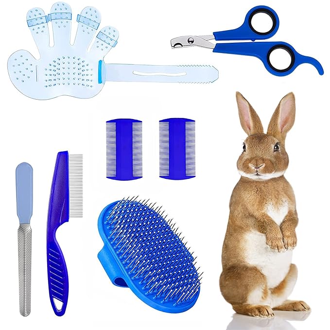 7-Piece Small Pet Grooming Kit with Brush, Nail Clippers, and Adjustable Strap for Rabbits, Hamsters, Guinea Pigs (Blue)-PurrikoPets