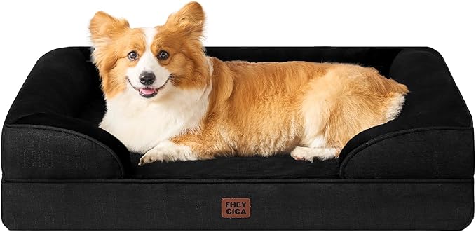 EHEYCIGA Orthopedic Dog Beds for Large Dogs, Waterproof Memory Foam Large Pet Bed with Sides, Non-Slip Bottom and Egg-Crate Foam Dog Couch Bed with Washable Removable Cover, Black-PurrikoPets