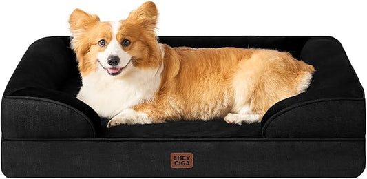 EHEYCIGA Orthopedic Dog Beds for Large Dogs, Waterproof Memory Foam Large Pet Bed with Sides, Non-Slip Bottom and Egg-Crate Foam Dog Couch Bed with Washable Removable Cover, Black-PurrikoPets