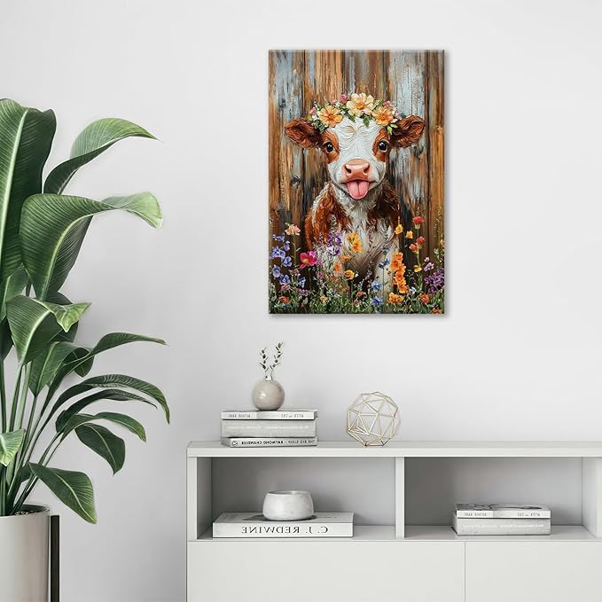 Funny Cow Bathroom Pictures Wall Art, Rustic Brown Cute Cow Bathroom Wall Decor, Farmhouse Floral Framed Painting Animal Flower Canvas Artwork for Bedroom Living Room Decorations 24"L x 16"W-PurrikoPets