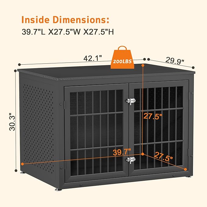 42" Heavy Duty Dog Crate Furniture for Large and Medium Dogs, Enclosed Design Wooden Metal Kennel, Wooden Cage Furniture Indoor, Decorative Dog Kennel End Table-PurrikoPets