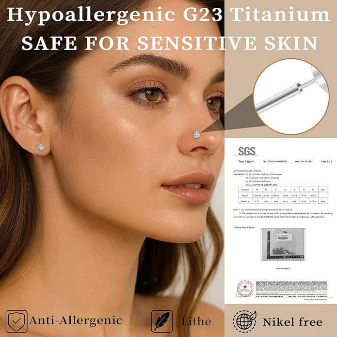 Delicate Moissanite & Titanium Threadless Flat Back Studs - 6-Piece 20G Labret Set for Nose, Helix, Cartilage, Conch, and Lip Piercings for Women & Men