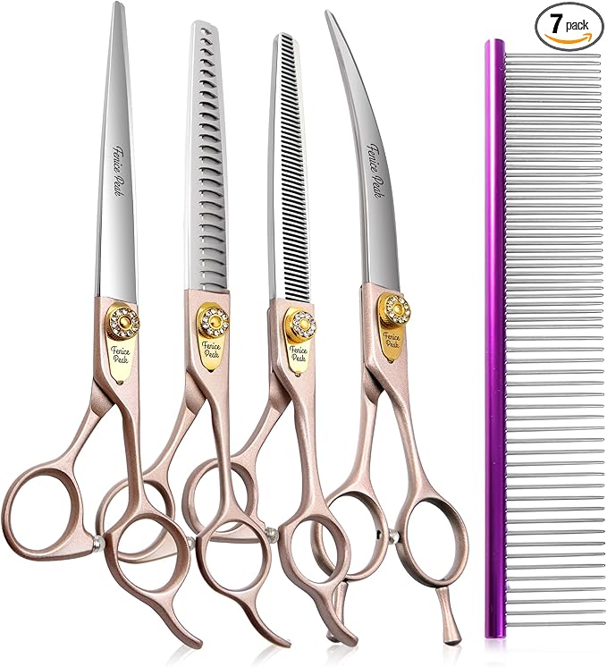 Fenice Peak 7.5‘’ Professional Dog Grooming Scissors Set Rose Gold 440C Stainless Steel Straight Thinning Curved Chunker Shears 4pcs Set for Pet Grooming Services Dogs and Cats-PurrikoPets