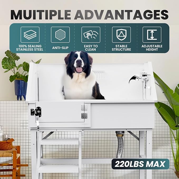 Dog Washing Station for Home,38" Professional Dog Washing Station Stainless Steel Dog Grooming Tub for Home,Equipped with Three Anti-Slip Steps, Removable Door, Pet Wash Station for Pet-PurrikoPets