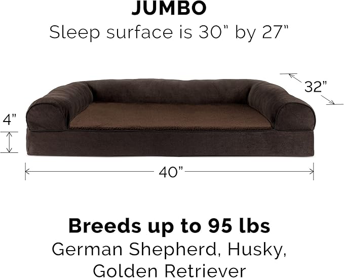 Furhaven Orthopedic Dog Bed for Large Dogs w/ Removable Bolsters & Washable Cover, For Dogs Up to 95 lbs - Sherpa & Chenille Sofa - Coffee, Jumbo/XL-PurrikoPets