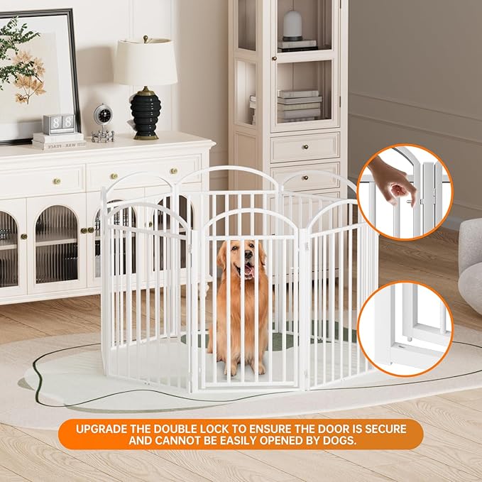 8 Panles Full Matel Freestanding Dog Gates with Door, 192"Extra Wide 36"Tall Free Standing Dog Pet Gate for Indoor & Outdoor. Foldable Pet Fences for Doorways, House, Stairs, Porch, Deck, Yard-PurrikoPets