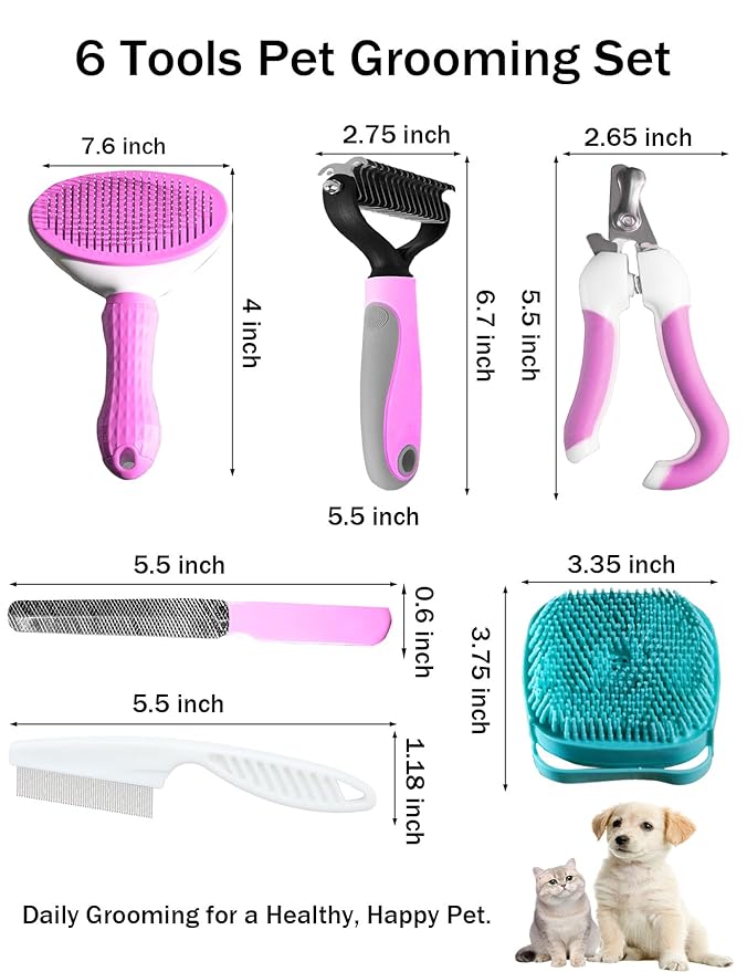 6ps Dog Cat Brush Grooming Kitf, Dog Cat Brushes, Bath Brush, Dematting Rake and Comb, Nail Clipper, Nail File, Flea Comb (Pink 6 Kits)-PurrikoPets