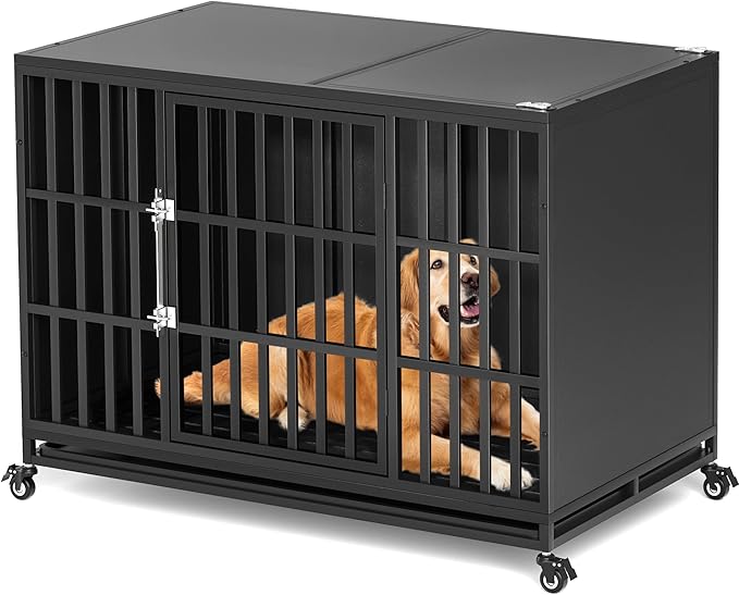 48 inch Heavy Duty Dog Crate with Self-Locking Latch, Indestructible Large Steel Kennel with Enclosed Design, Escape-Proof and Chew-Proof Pet Cage for High Anxiety Dogs-PurrikoPets
