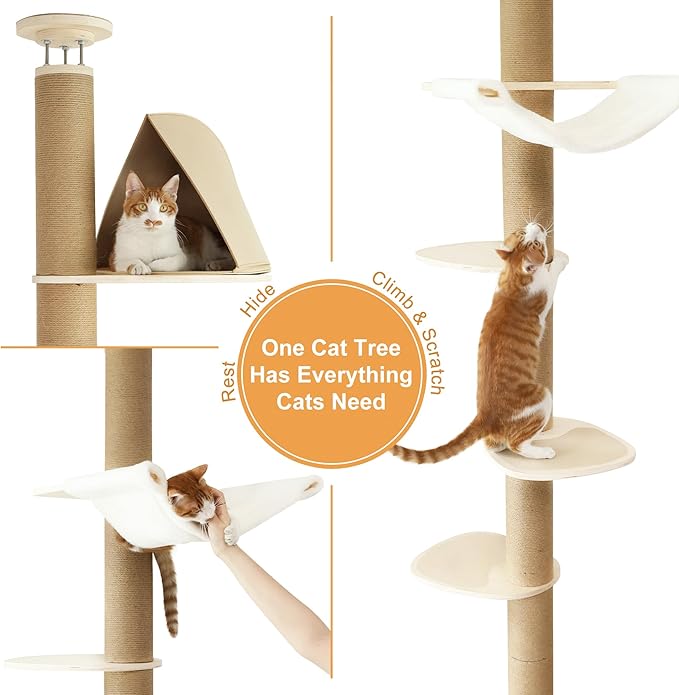 FUKUMARU Floor to Ceiling Cat Tree, 6 Level Adjustable Height (6-10 ft) Climbing Tower with Thickened Scratching Posts, Cats Activity Center with Cozy Hammock - Beige-PurrikoPets