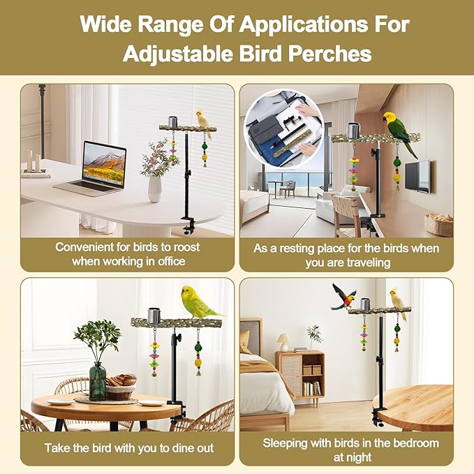 18-27 Inch Height Adjustable Bird Perch Pepper Wood Desktop Bird Training Perch Stand with Feeding Cups and Swing Toy Parakeet Perches Indoor and Outdoor Parrot Stand for Small to Medium Birds-PurrikoPets