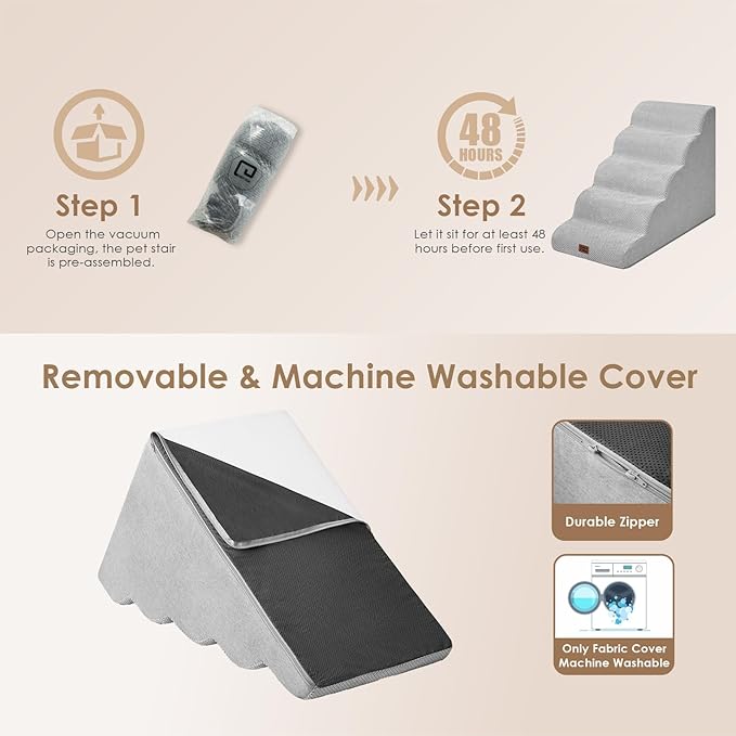 EHEYCIGA Curved Dog Stairs Ramp for High Beds, 5-Step Extra Wide Dog Steps for Small Dogs and Cats, Pet Stairs for High Bed Climbing, Non-Slip Balanced Pet Step Indoor, Light Grey-PurrikoPets