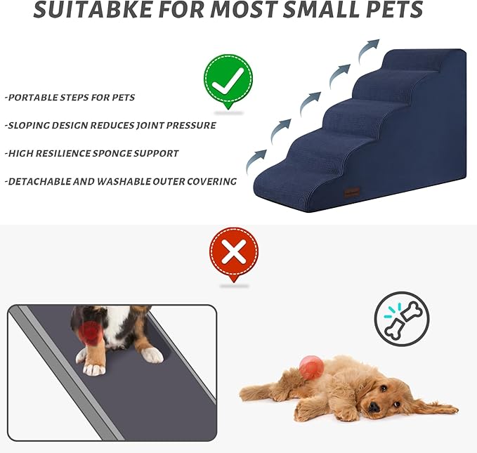 5-Step Dog Stairs and Ramp for High Bed, Non-Slip Sturdy Pet Steps for Small Dogs and Cats,22.2" H,Blue-PurrikoPets