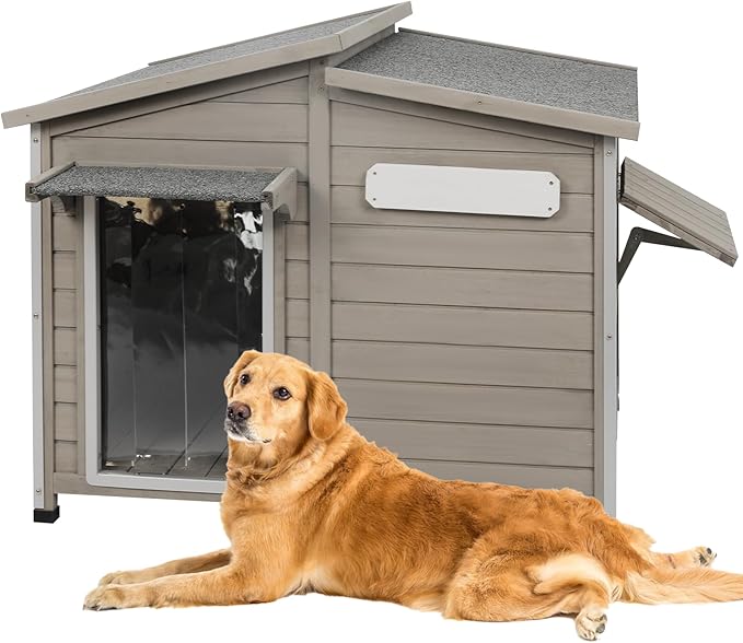 43" L Outdoor Extra Large Dog House with Removable Floor, Raised Feet, Anti-Chewing Iron Frame – Wooden Kennel with Asphalt Roof, Window for Indoor/Outdoor Use, Ideal for Medium to Large Dogs-PurrikoPets