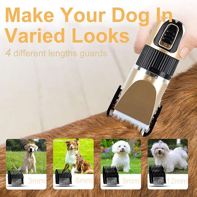 Dog Pet Grooming Kit Low Noise - Cordless Rechargeable Clippers for Dogs/Cats - Upgraded Accessory Version with Two Scissors and a Storage Bag (Gold)-PurrikoPets