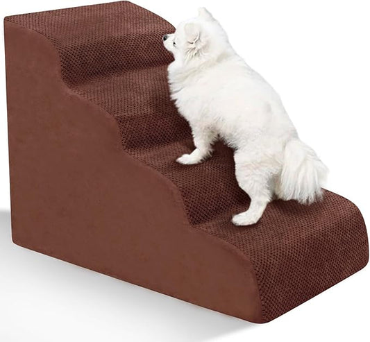 Dog Stairs for Small Dogs - High Density Foam Pet Steps, Extra Wide Dog Ramp with Non-Slip Bottom for High Beds, Couch and Sofa, Best for Dogs Injured, Older Doggy Cats,4 Steps, Brown-PurrikoPets