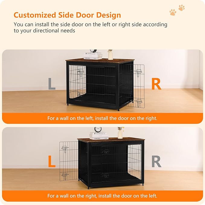 DWANTON Dog Crate Furniture with Cushion, Wooden Kennel Table with Double Doors, Indoor Dog House, Large Size, 38.5" L, Black+Rustic Brown-PurrikoPets