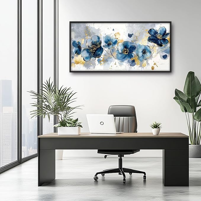 Extra Large Framed Abstract Blue Flower Wall Art,Oversized Golden Grey Floral Wall Decor Pictures for Living Room,Canvas Print Painting Modern Artwork Bedroom Office Bathroom Home Decor 60L" x 30W"-PurrikoPets