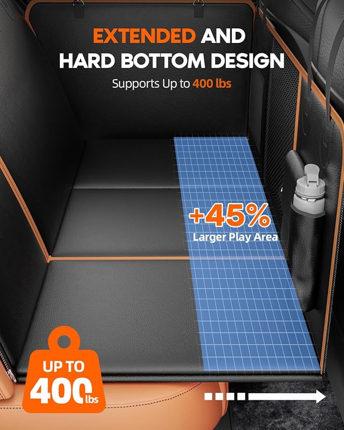 6-in-1 Leather Dog BackSeat Extender, Hard Bottom 40/60 Split Waterproof Car Back/Front Seat Cover, Rear Hammock Carseat Protector, Large Size Pet Mat for SUV/Truck/Cargo, Vehicle Bed Travel Accessory-PurrikoPets