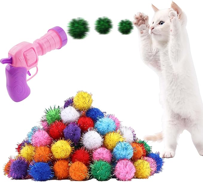 102Pcs Cat Toy Gun Launcher - 100 Sparkle Pom Pom Balls and 2 Ball Launchers, Interactive Fetch Toy Shooter for Indoor Cats and Kitty-PurrikoPets