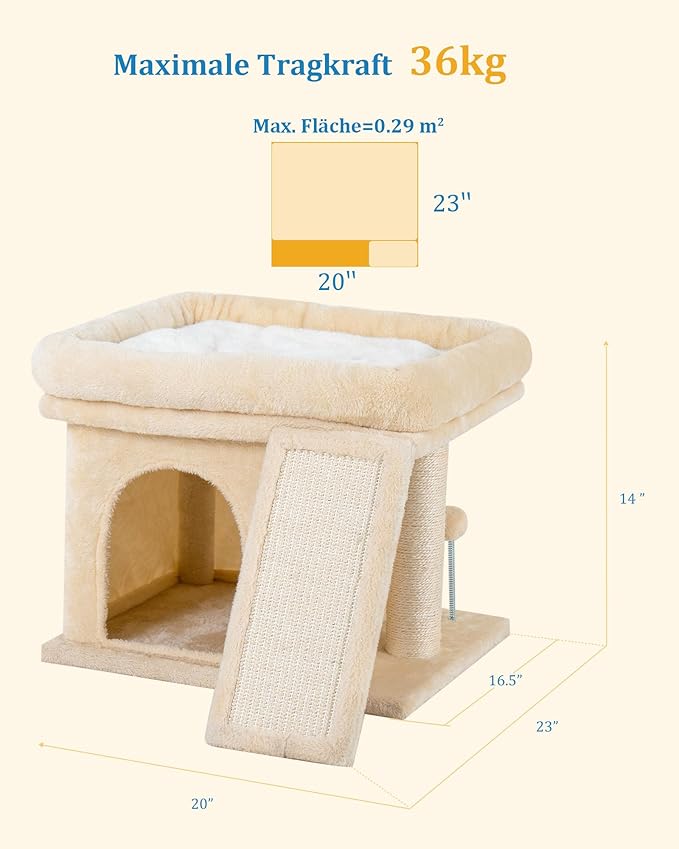 14in Cat Tree Tower with Large Perch, 20 * 16.5 Inch Top Bed for Adult Cats, Scratching Post with Bed for Kittens, Beige-PurrikoPets