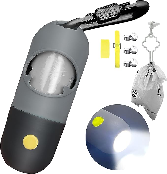 Dog Poop Bag Dispenser with Built-in LED Flashlight and Metal Clip for Leash, Pet Waste Bag Holder, Dog Walking Accessory (Black)-PurrikoPets