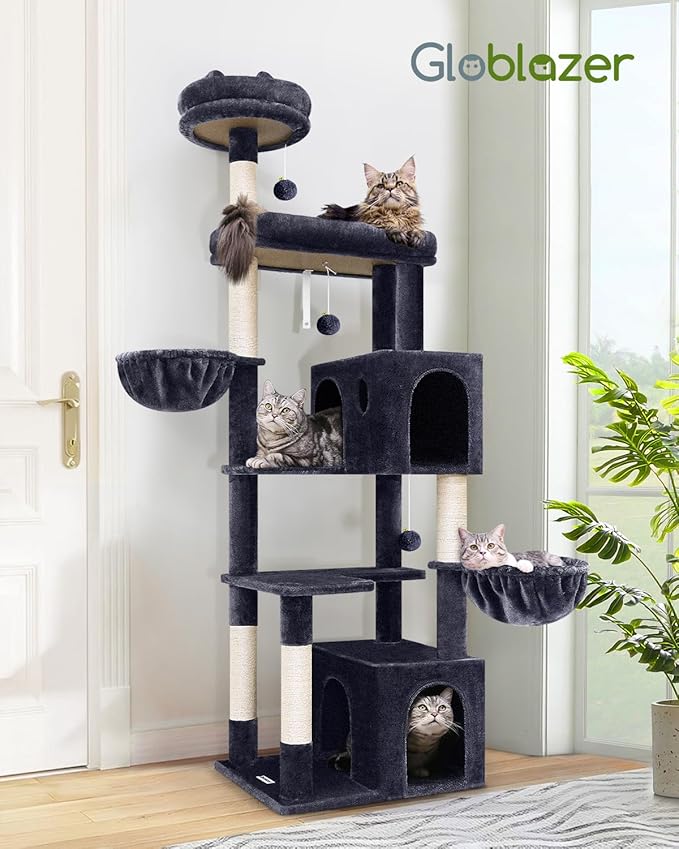 Globlazer Heavy Duty Cat Tree Tower, 73in Tall Cat Tree for Indoor Cats Large Adult, Cat Condo for Large Cats with 5 Scratching Posts, 2 Cat Caves, 2 Padded Perches, 2 Hanging Baskets, F73, Dark Gray-PurrikoPets