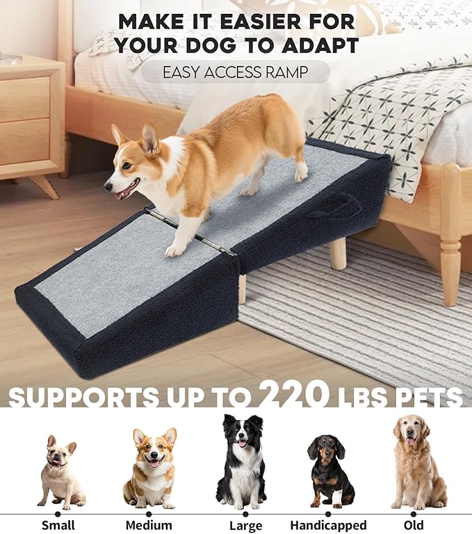 Dog Stairs for Small Dogs and Cats – 2-in-1 Dog Ramp for Bed and Couch, 16.5'' Foldable Wooden Pet Steps, Sturdy Multi-Use Split Ottoman Design, Dark Blue-PurrikoPets