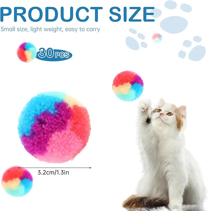 30 Pcs Soft Plush Cat Ball 1.2-inch Rainbow Cat Toy Balls Fuzzy Kitty Balls Kitten Puff Balls Colorful Cat Pom Pom Balls for Cat Kitten Pet Playing Exercising-PurrikoPets