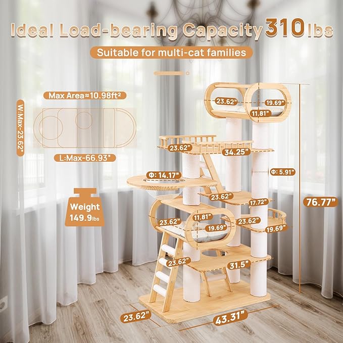 77‘’ Modern Cat Tree, Tall Wood Cat Tower for Indoor Cats Large Adult, Heavy Duty Cat Tree with Scratching Post, Luxury Kitty Condo, Sturdy Cat Furniture with 1 Transparent Bed and 3 Climb Labber-PurrikoPets