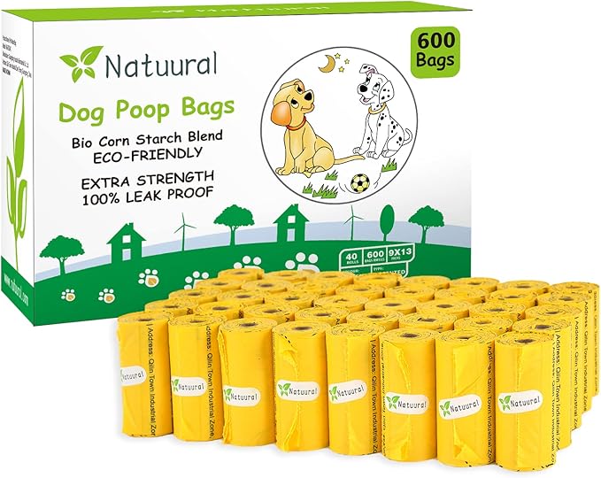 Dog Poop Bags Rolls-600 Counts, 40Rolls, Biodegradable Poop Bags Made of Cornstarch, 100% Leak Proof and Easy to Open (Yellow)-PurrikoPets
