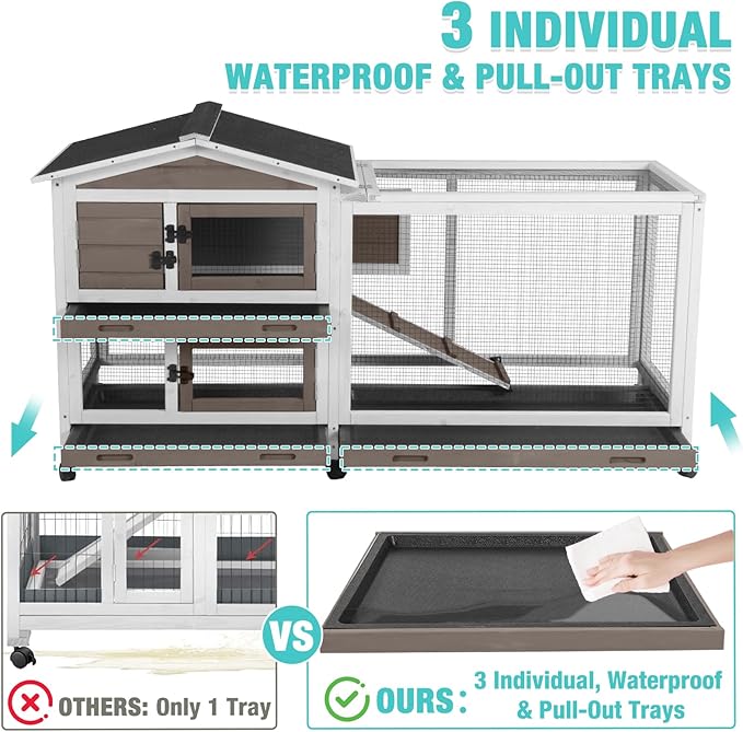 62" Rabbit Hutch with Chew-Proof Ramp & Waterproof Roof - Indoor/Outdoor Bunny Cage, 2-Story Design, 6 Lockable Caster Wheels & Dual Pull-Out Trays (Brown)-PurrikoPets