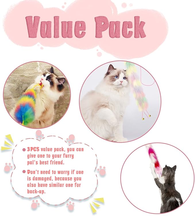 3 Pack Cat Wand Toy, Rainbow Cat Feather Toys with Bells, Teaser Wand with Soft Furry Tail, Interactive Toys for Indoor Cats & Kitten & Kitty-PurrikoPets