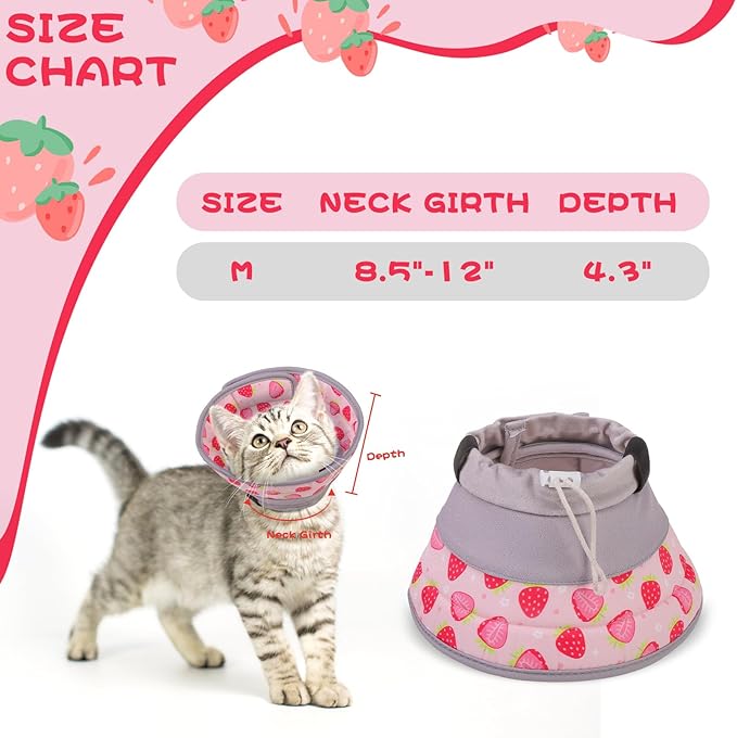 EXPAWLORER Cat Recovery Cone Collar- Soft Adjustable Pet Collar for After Surgery, Waterproof Elizabethan Protective Collar, Stop Licking Donut for Small Medium Kittens (Strawberries M (8.5-12 in))-PurrikoPets