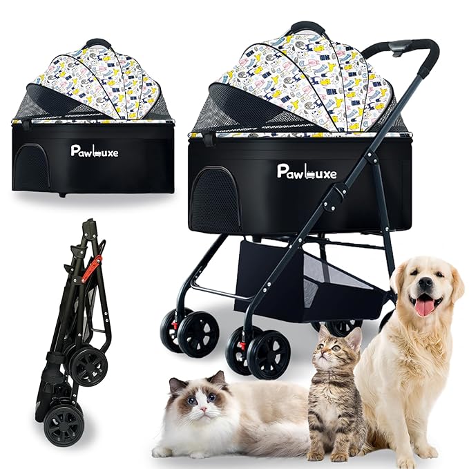 4 Wheels Pet Stroller 4 in 1 Pet Stroller with Detachable Carrier for Small & Medium Dogs Cats up to 55 lbs Easy-Folding Travel Dog Wagon with Car Seat Breathable Mesh,White Cartoon-PurrikoPets