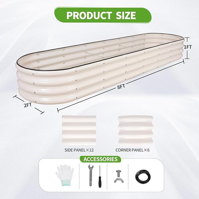 Galvanized Raised Garden Bed - 8x2x1FT Metal Planter Boxes Outdoor | Oval Steel Raised Bed Kit for Gardening with Protective Tape, Bracing Rods, Gloves for Vegetables, Flower, Herb (White)-PurrikoPets