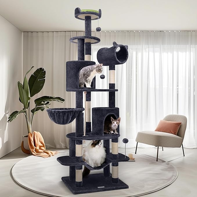 Globlazer Artistic Curved Cat Tower for Small Cats (Under 12 lbs), 81-inch Slim Design Cat Tree with Space-Saving Design, Indoor Cat Condo with Hammock & Tunnel, C81, Dark Gray, Non-Large Cats-PurrikoPets