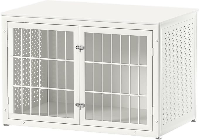 48" Heavy Duty Dog Crate Furniture for Large Dogs, Metal Cage for High Anxiety Dogs, Wooden Kennel Furniture Indoor, Decorative Dog Kennel End Table, XL,White-PurrikoPets