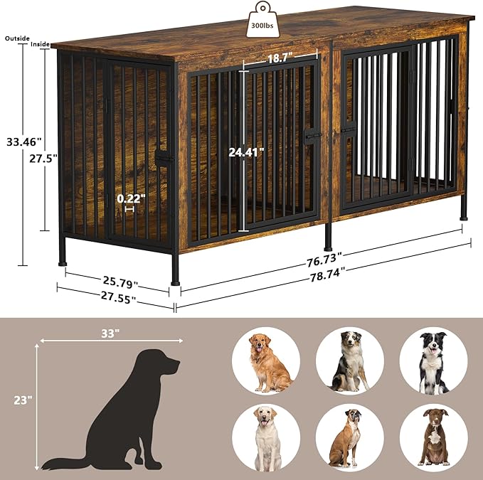 EasyCom 78 Inch Dog Crate Furniture for 2 Dogs, Extra Large Double Dog Cage Large Breed, XXL Thick Wooden Dog Crate TV Stand, Sturdy Dog Kennel with Divider-PurrikoPets