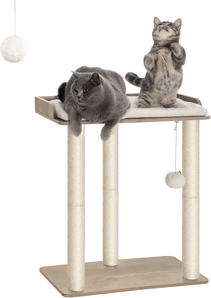 FourFurPets 26.7in Large Cat Tree Tower Condo, Cat Scratch Posts for Indoor Cats, Big Plate, Three 23.6in Full Sisal Scratching Posts, Greige-PurrikoPets