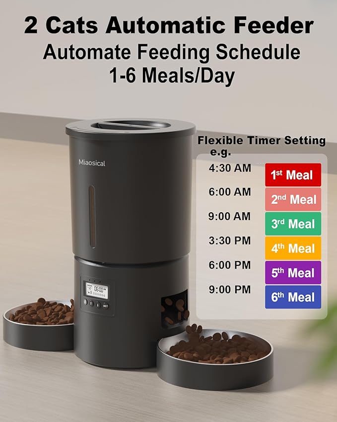 Dual Automatic Cat Feeder 2 Cats,6 Meals/Day,12 Portions/Meal,4.2L Dual Power Double Bowls Feeder,Dry Food Auto Pet Dispenser,10S Voice Record,Flexible Schedule Timer (Black,Stainless Dual Bowls)-PurrikoPets