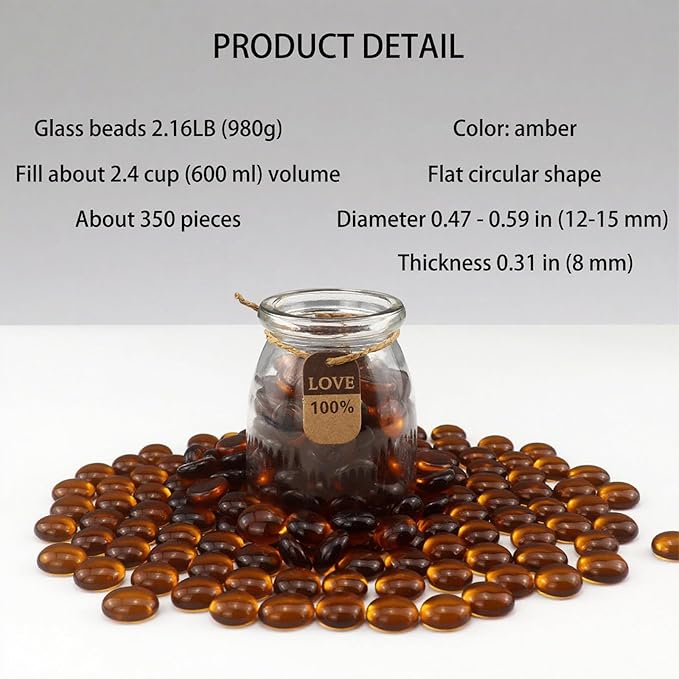 2.16LB Glass Beads Vase Filler Aquarium Gravel Decor Flat Glass Marbles Gems Pebbles Fish Tank Rocks Home Decorative Art Craft - Amber-PurrikoPets