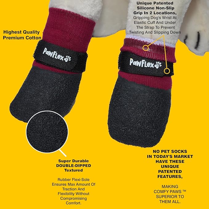 Double Dipped Thick Textured Waterproof Cotton Dog Socks | PawFlex Comfy Pawz Soft Indoor/Outdoor Pet Booties | Non-Slip Silicone Grip at Inner Wrist for No Twisting or Sliding Off| Adjustable Strap-PurrikoPets
