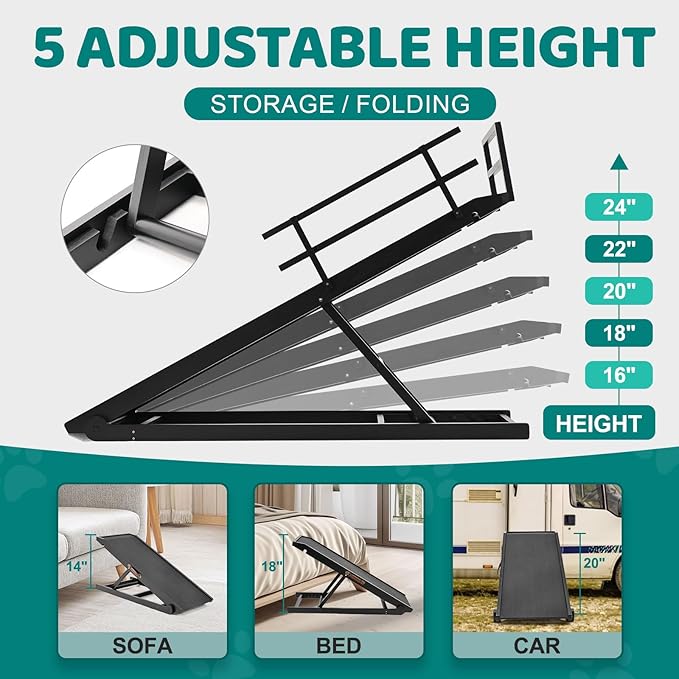 Dog Ramp for Bed, Adjustable Pet Ramps for Dog to Get on Bed, Non-Slip Rubber Surface - Folding Wooden Dog Ramp for Small/Large/Old Dogs, Adjustable up to 23.5 inch High Beds, Safety Railings-PurrikoPets