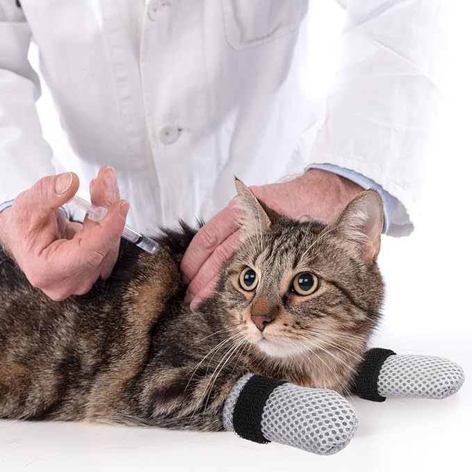 4Pcs Cat Nail Caps, Cats Booties Mittens Paw Covers Caps Shoes for Bathing Shaving Checking Nail Cutting, Pet Grooming Socks AntiScratch Adjustable Pet Claw Protector Foot Sleeves, Grey M-PurrikoPets